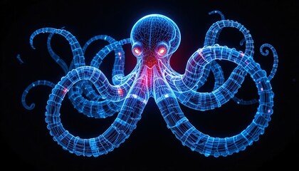Futuristic glowing octopus with mesmerizing red eyes in digital wireframe design for cutting-edge technology and innovative concepts, perfect for striking visuals