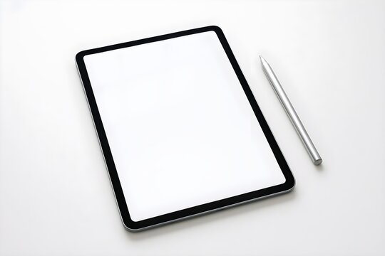 Modern tablet with blank screen and stylus on a minimalist white background, perfect for digital mockups and creative presentations.