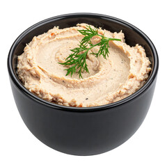 Creamy Fish pate in black bowl garnished with fresh dill isolated white background