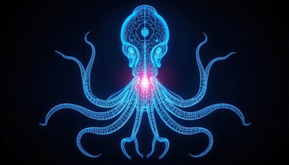 Futuristic neon octopus design glows against a dark backdrop, perfect for technology, marine biology, or sci-fi themes with a modern, vibrant touch