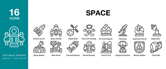 Space icon set. Includes space, astronaut, galaxy, nebula, cosmos and More. Editable Stroke Icon Collection.