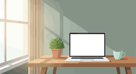 Fototapeta premium Laptop workstation setup with a plant and a coffee cup, perfect for remote work or studying