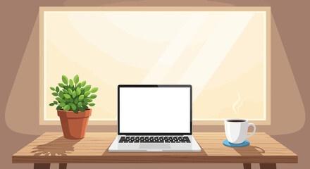 Fototapeta premium Cozy Workspace Laptop, Coffee, and Plant on a Desk by the Window, blending technology with nature