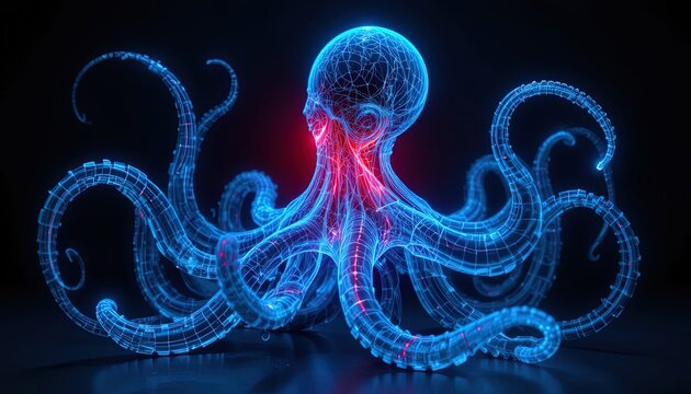Futuristic digital octopus with glowing blue tentacles and vibrant red core for cutting-edge technology or marine science projects
