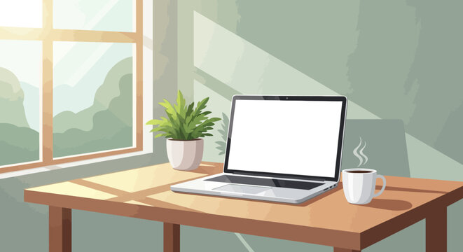 Sunny and calm work from home setup laptop, hot drink, plant on a wooden desk by a window, ideal for productive remote workspace