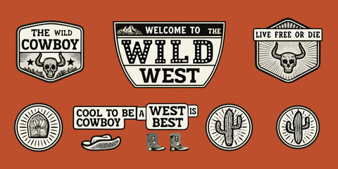 Collection of wild west cowboy themed illustrations with skulls cacti cowboy hats and boots © Tarun