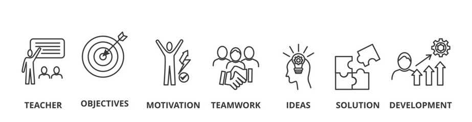 Workshop banner vector illustration concept with icon of teacher, objectives, motivation, teamwork, ideas, solution, and development