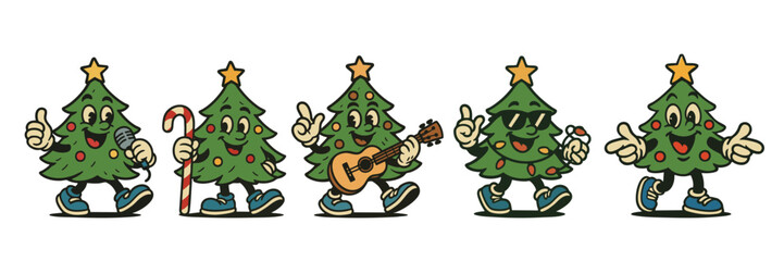 Retro style festive christmas tree vintage mascot character collection