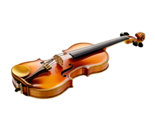 Angled Gold Violin Resting on White Surface, Luxury Classical Music Concept, Isolated PNG