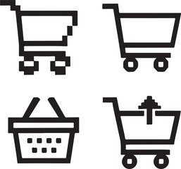 Isolated Shopping Cart Black Pixel Vector Icon Set, Pexels style trolley cart basket store buy icon, shopping cart black pixel vector minimal retro 8 bit design perfect for ecommerce and retail store © Best-Graphic
