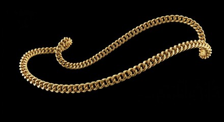 Ornate gold chain rests on a black background in elegant curves.