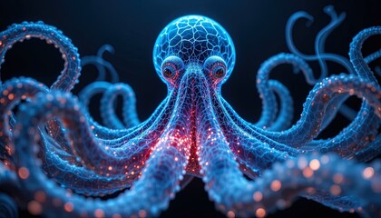 Futuristic octopus design glows with vibrant blue and orange light, perfect for science, technology, or oceanographic projects, exuding mystery and innovation