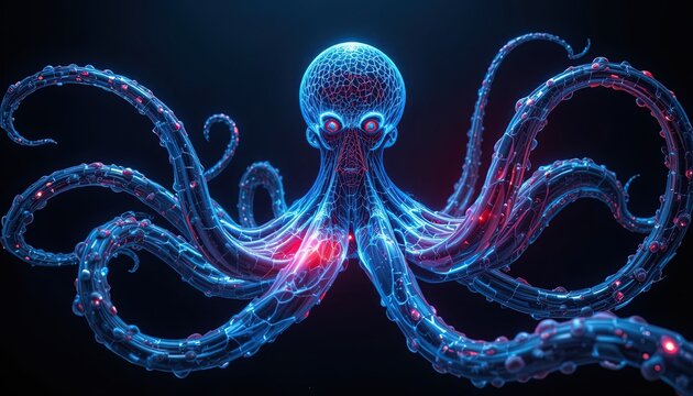 Futuristic neon octopus with glowing red eyes and tentacles, a striking design for innovative tech, gaming, or marine biology concepts and vivid creative projects