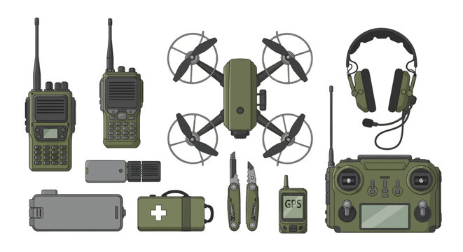 A comprehensive set of modern military equipment including a tactical drone, walkie-talkies, headset, and survival gear vector illustration