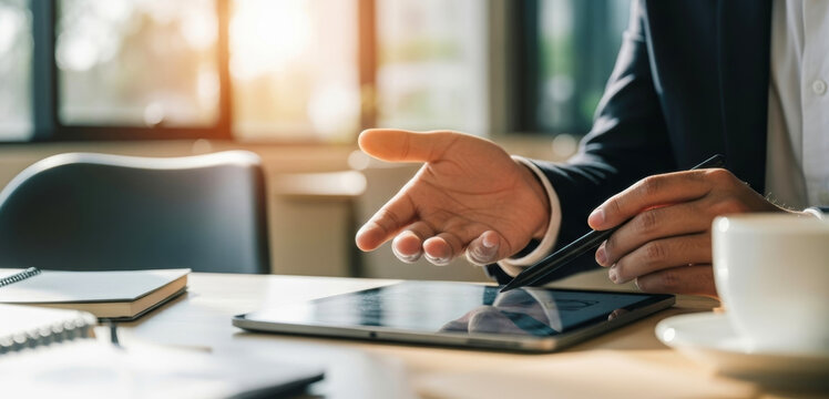 Businessman uses stylus on tablet with coffee and notebook nearby, focusing on creative digital work while planning strategy and multitasking efficiently in bright workspace with calm ambiance