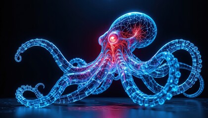 Futuristic, neon octopus with glowing tentacles, a dazzling display of technology and marine life, perfect for science, innovation, or AI visuals