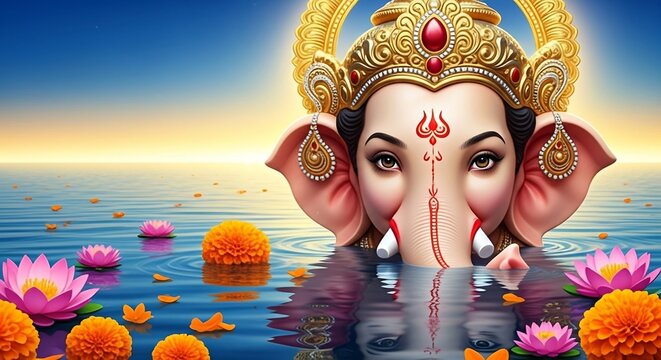 Ganesha in Water ,Hindu God Ganesha with Lotus ,Ganesha Artwork Wisdom and Prosperity ,Spiritual Ganesha ,Ganesha Meditation and Worship ,Hindu Mythology Art of Ganesha ,God of Wisdom and Prosperity .