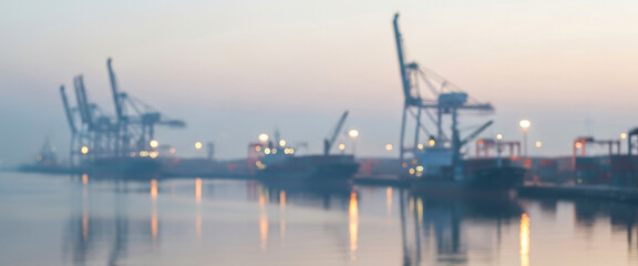 Fototapeta premium Blurred industrial port scene with cranes, cargo ships, and shimmering water reflections under soft morning light, showing a busy harbor atmosphere with gentle motion blur.