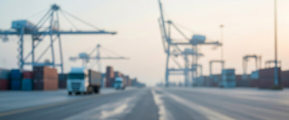 Blurred port scene with trucks and massive cargo handling cranes under cloudy daylight, showing the scale of global trade and industrial logistics in a harbor where transportation, loading never stop.