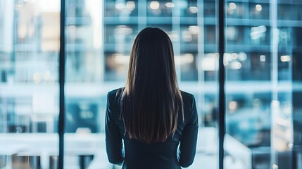 Rear View of Woman in Office with Blurred Background and Cityscape