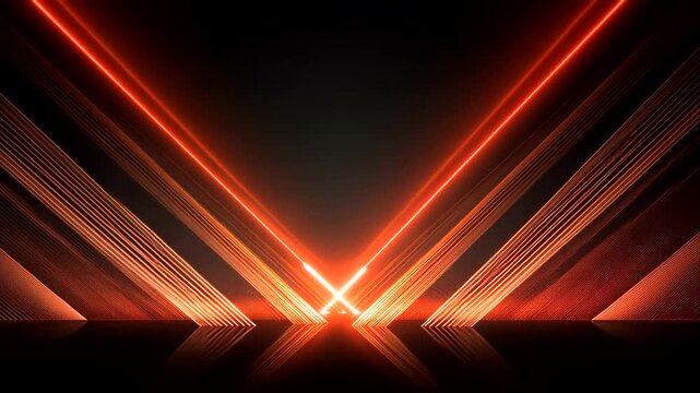 Two converging neon orange light beams illuminate a dark reflective space with radiating parallel lines
