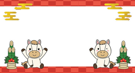 Festive new year background with cute cartoon horses and traditional Japanese decorations for children's designs and holiday promotions