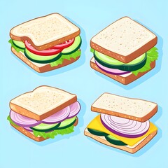 Isometric Set of Colorful Sandwiches with Fresh Ingredients on Blue Background