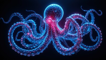 Electrifying octopus design with glowing neon tentacles on a black background, perfect for tech, gaming, or futuristic concepts, ideal for creative campaigns