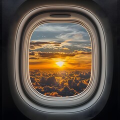Breathtaking Sunset View from Airplane Window with Colorful Clouds