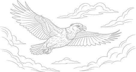 Majestic eagle soars through cloudy skies in elegant line art, perfect for coloring books, educational resources, and creative projects