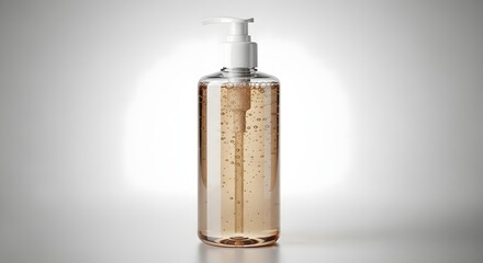 Transparent Soap Dispenser with Brown Liquid on White Background