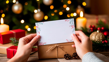 Person holding a blank Christmas greeting card over a wrapped gift on a rustic wooden table with decorative holiday elements