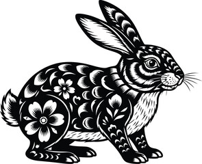 Elegant floral rabbit design with intricate details for Lunar New Year celebrations, a symbol of hope, peace, and prosperity in decorative arts