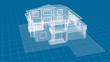 Transparent Architectural Wireframe House Model on a Blue Grid Background Visualizing Modern Design
