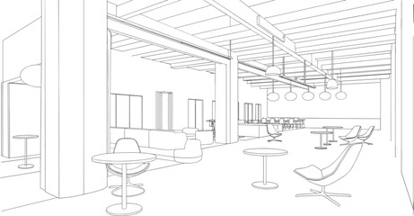 Modern office lounge interior line art with minimalist furniture, pendant lights, open ceiling beams, columns, and collaborative seating layout