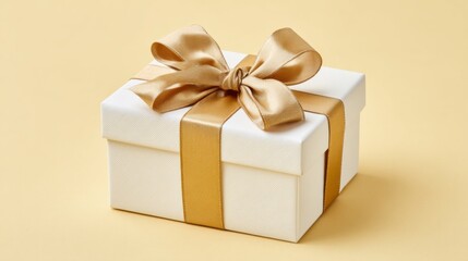 A Beautifully Wrapped Gift Box Featuring a Elegant Gold Ribbon on a Soft Yellow Background, Perfect for Any Celebration or Special Occasion