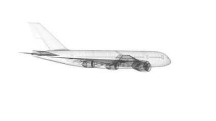 Wireframe 3D Illustration of a Passenger Airplane Against a Clear Background