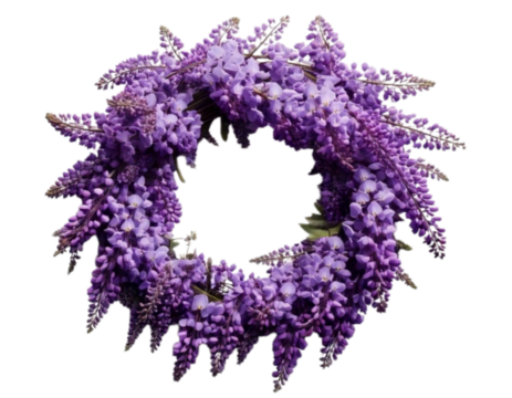 Top View of Purple Wisteria Garland Arrangement, Romantic Floral Design, Isolated PNG - Powered by Adobe