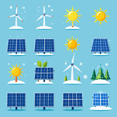 Winter Energy Sources Solar Panels, Wind Turbines, and Sustainable Power Icons for Cold Climate