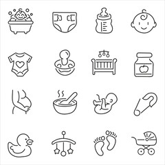 Charming collection of baby care and essentials icons, depicting milestones and joy