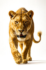Obraz premium Lioness walking forward isolated on white background