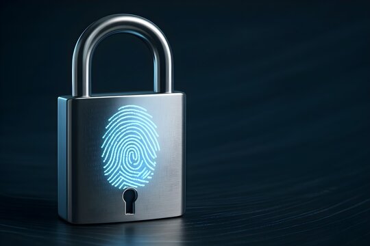 Metallic padlock featuring a glowing blue fingerprint and keyhole, symbolizing advanced digital security and data protection.