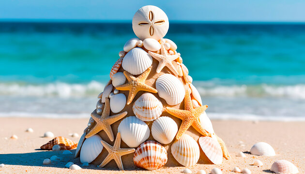 Unique shell tree with starfish and sand dollar on a tropical beach, symbolizing a warm weather holiday season