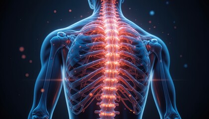 Stunning 3D render of human anatomy with glowing spine, ideal for medical presentations and educational material about health and wellbeing