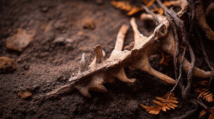 Close up macro view of a bleached animal bone fragment resting in dark soil with dried fern leaves and tangled organic matter