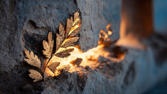 Close up of a dried fern leaf resting within a rough textured stone crevice illuminated by warm soft light creating dramatic shadows and highlights - Powered by Adobe