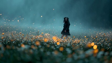 Calm person walking through magical field of glowing flowers at night, serene and mystical journey evoking peace in dreamlike landscape