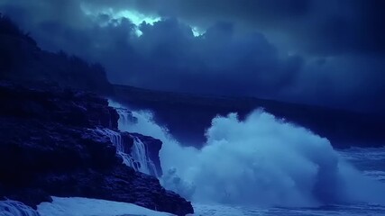 Dark ocean waves crash violently against rocky cliffs under stormy skies. - Powered by Adobe