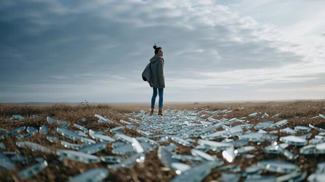 Lonely pensive woman standing on broken glass in vast field, contemplative journey through moody landscape under dramatic sky