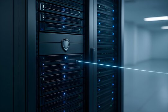 Secure data transfer in a modern server room, illustrating robust cybersecurity and network connection.
